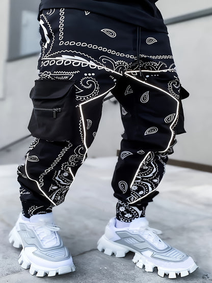 Men’s Geometric Cargo Joggers – Loose-Fit Athletic Pants with Zipper Pockets