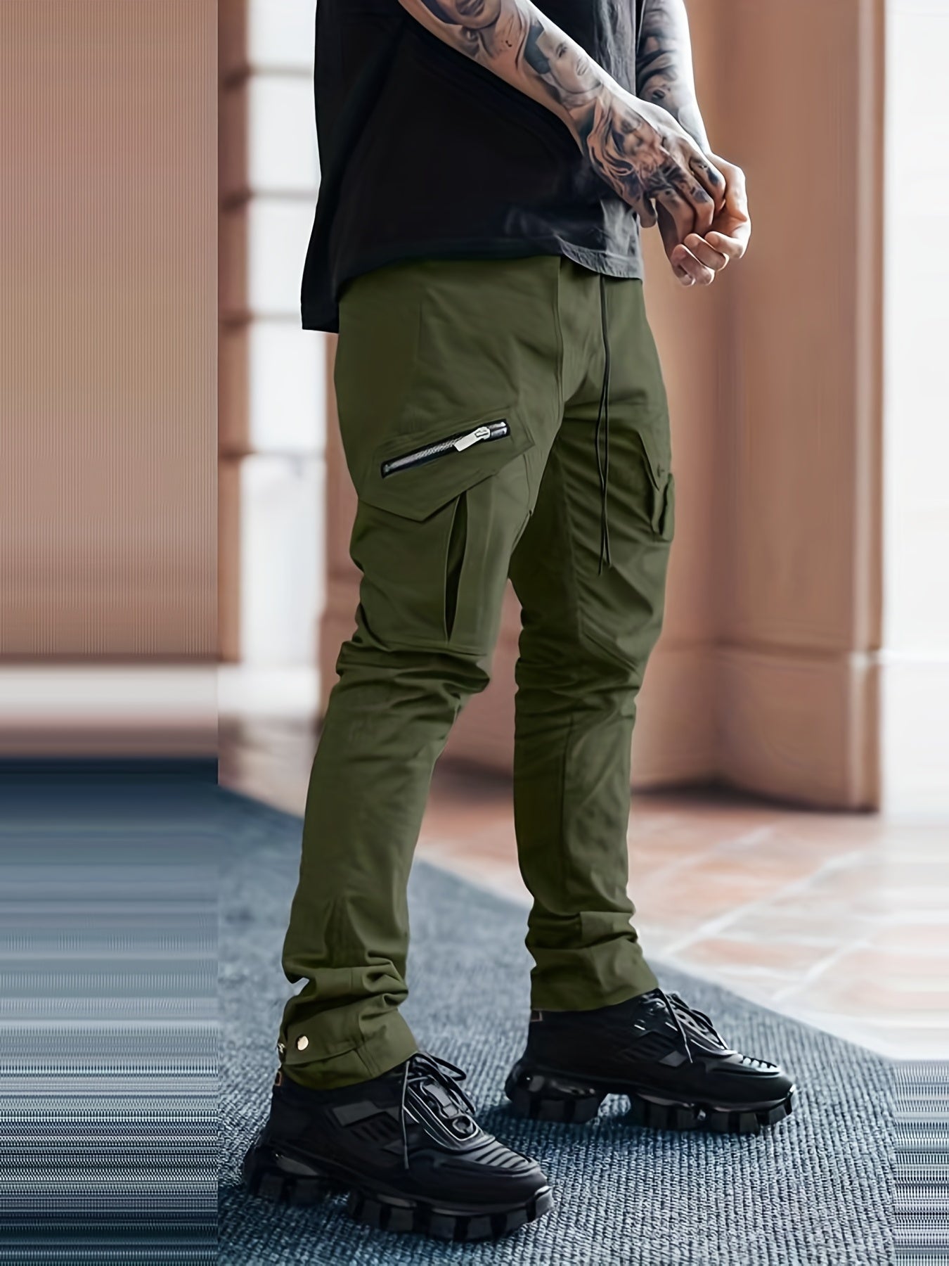 Men’s Black Cargo Pants – Multi-Pocket Drawstring Streetwear Trousers