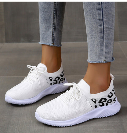 Loom & Soul Leopard Print Lace-Up Sneakers – Women’s Casual White Sports Shoes with Round Toe