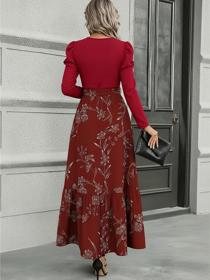 Robe longue portefeuille bleu marine à imprimé floral – Robe trapèze élégante de style rétro
