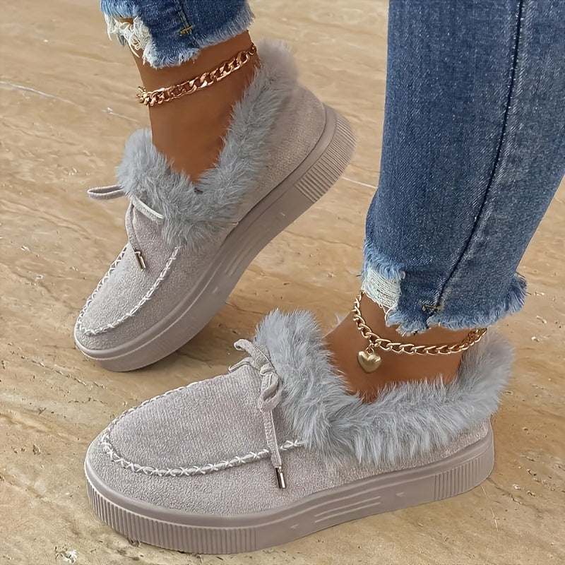 Botas de nieve de plataforma afelpadas para mujer – Zapatos de invierno acogedores con lazo