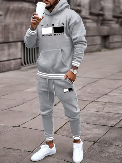 Men’s Paris Letter Print Set – Hoodie & Pants Fall/Winter Outfit