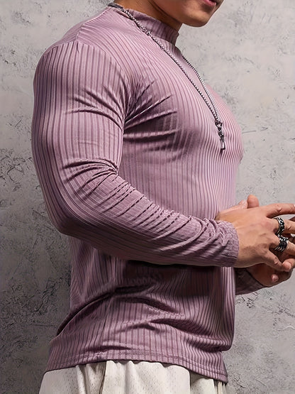 T-shirt côtelé ajusté à manches longues pour homme – Col montant athlétique