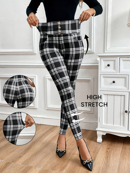 Women’s High-Waist Checkered Slim Pants – Elegant Plaid Trousers