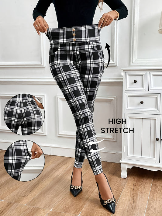 Women’s High-Waist Checkered Slim Pants – Elegant Plaid Trousers