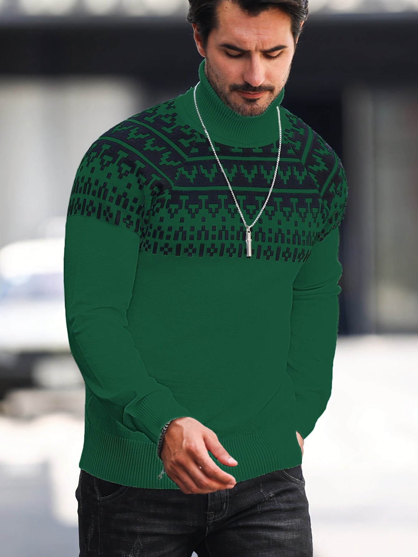 Suéter de cuello alto geométrico para hombre - Suéter informal de punto para otoño e invierno