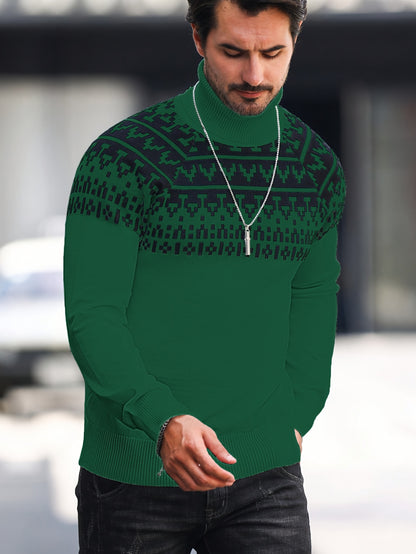 Suéter de cuello alto geométrico para hombre - Suéter informal de punto para otoño e invierno