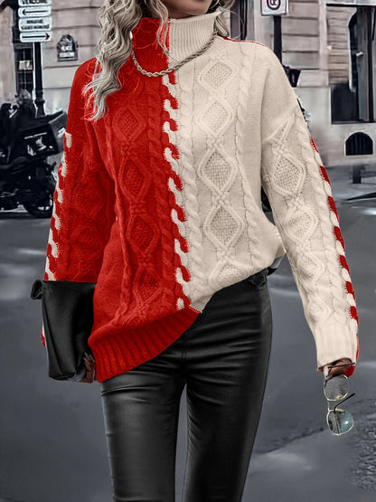 Elegant High-Neck Striped Blouse – Color-Block Knit Long Sleeve Top