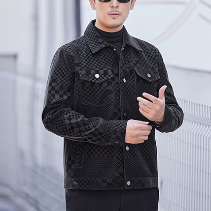 Men’s Checkered PU Coat – Black & Brown Houndstooth Street Jacket