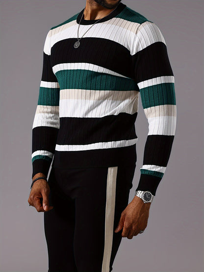 Men’s Striped Ribbed Knit Sweater – Color-Block Fall Winter Pullover