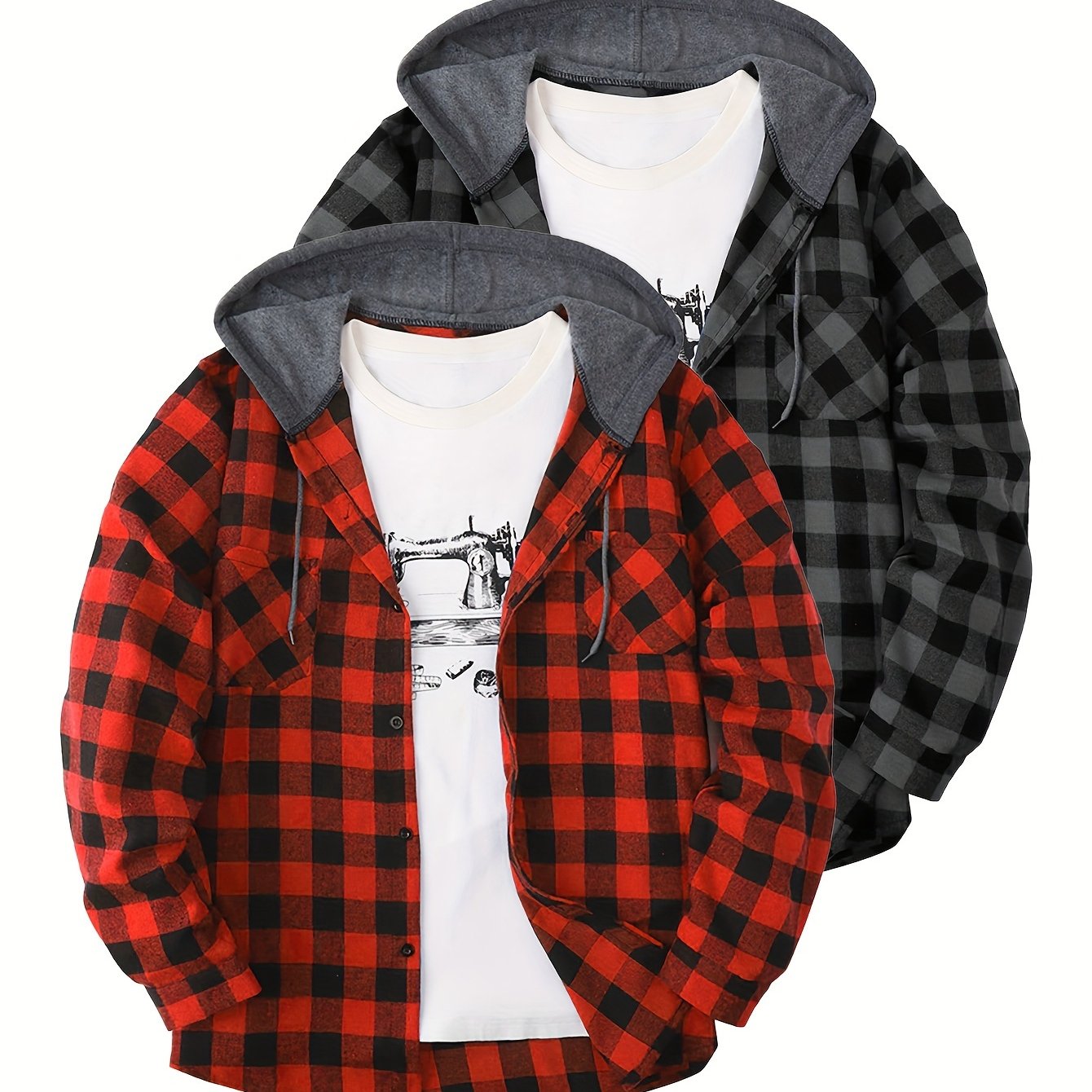 2-Piece Men’s Plaid Hooded Shirts – Button-Up Sweater Jacket Set