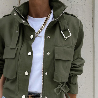 Chaqueta Corta Casual para Mujer con Cuello Alto, Botones y Cremallera