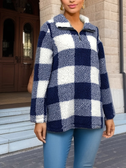 Women’s Plaid Fuzzy High-Neck Sweater – Soft Zipper Knit Pullover