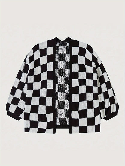 Red & White Gingham Cardigan – Women’s Cozy Fall/Winter Knit Sweater