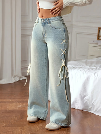Jean droit papillon pour femme – Taille haute décontracté jambe large en denim