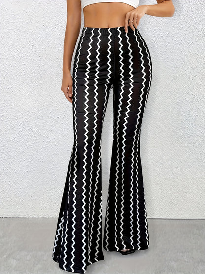 Women’s Color Block Zigzag Flared Pants – Retro Knit Statement Trousers