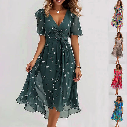 Loom & Soul™ Chiffon Floral Dress – Women’s Elegant V-Neck Short Sleeve Summer Midi Dress