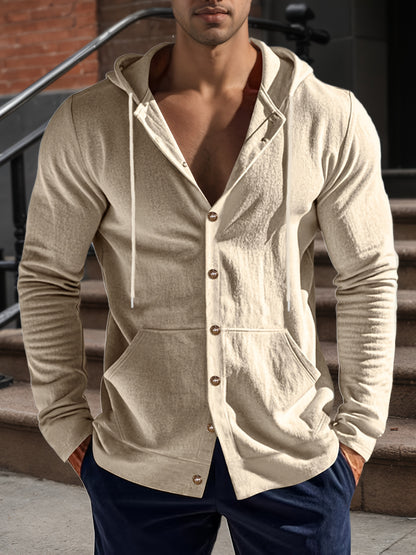 Men’s Linen Long Sleeve Hoodie Shirt – Casual Button-Up with Pocket