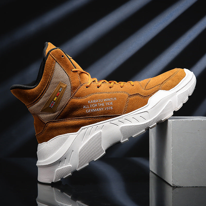 Loom & Soul Men’s High-Top Martin Boots – Thick-Soled Casual Leather Boots with Cross-Strap Design, Shock-Absorbing Rubber Sole & Warm Mesh Lining