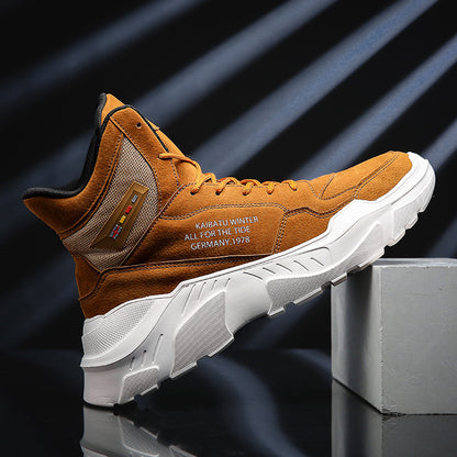 Loom & Soul Men’s High-Top Martin Boots – Thick-Soled Casual Leather Boots with Cross-Strap Design, Shock-Absorbing Rubber Sole & Warm Mesh Lining