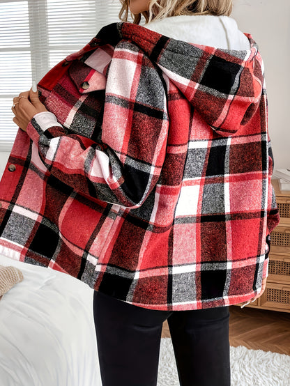 Women’s Plaid Hooded Jacket – Fleece-Lined Button-Up All-Season Outerwear