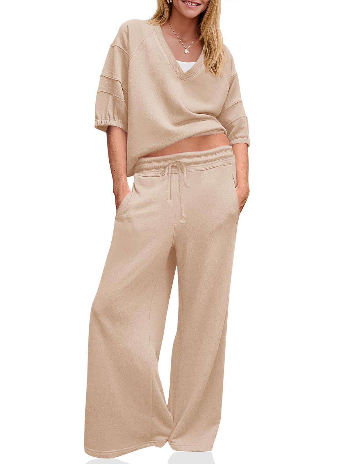 Women’s Relaxed V-Neck Set – Wide Leg Lounge & Travel Outfit