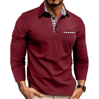 Loom & Soul™ Men’s Plaid Splicing Polo Shirt – Long Sleeve Casual Solid Color Top