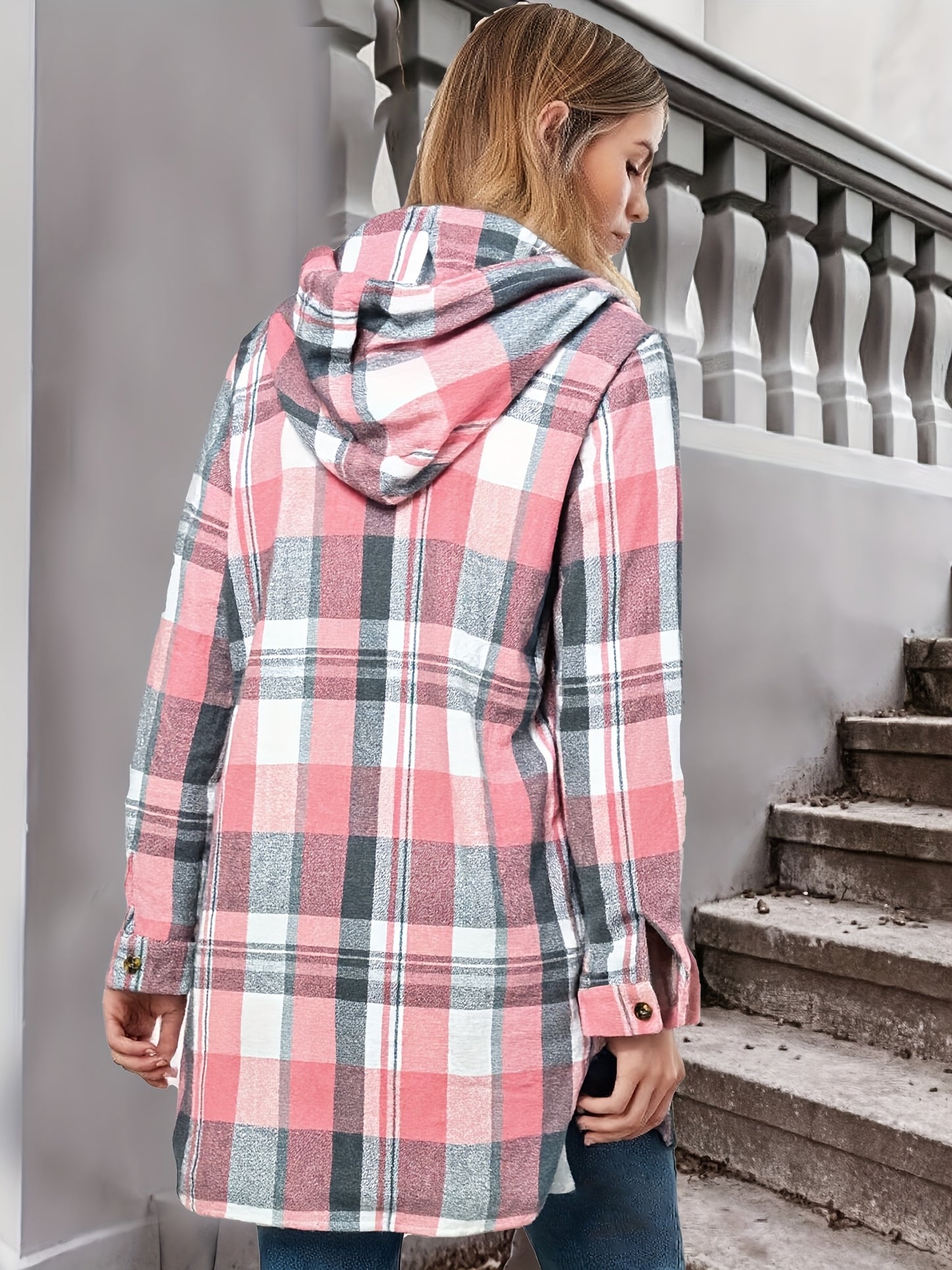 Women’s Retro Plaid Hooded Sweatshirt – Long Button-Up Fall Hoodie