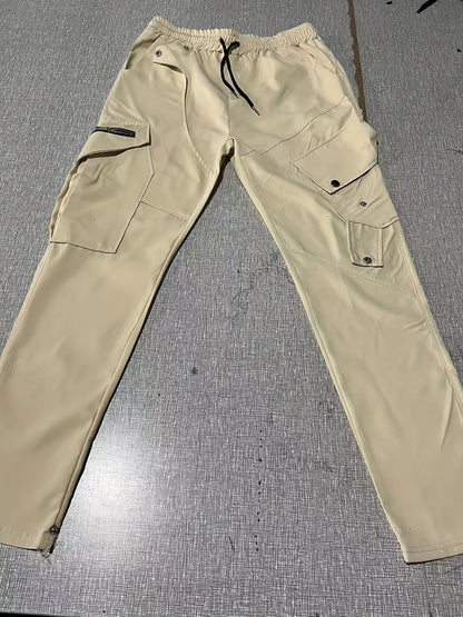 Men’s Black Cargo Pants – Multi-Pocket Drawstring Streetwear Trousers