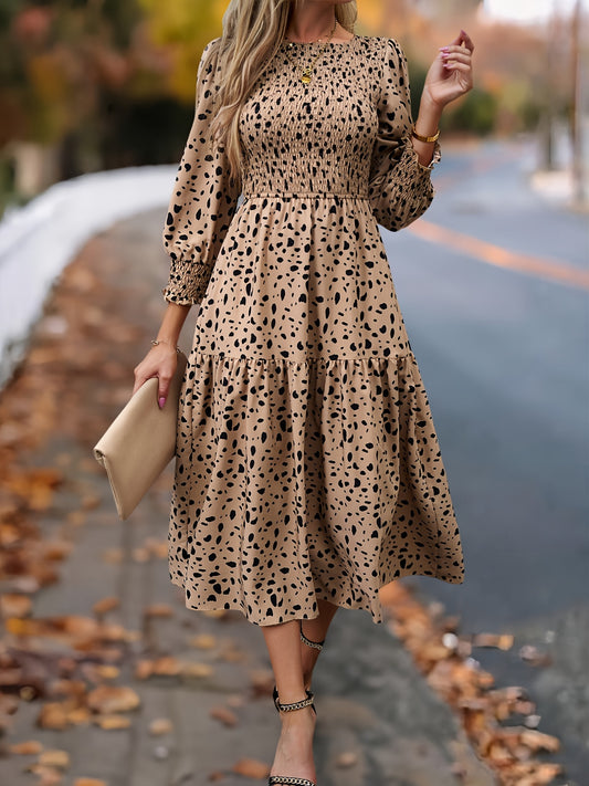 Maxivestido de manga larga con estampado de leopardo – Vestido largo elegante con línea A y caída fluida