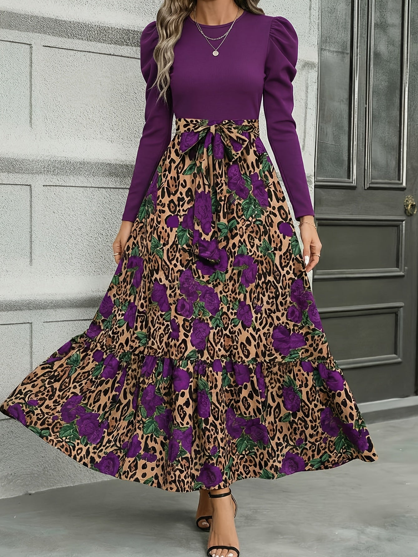 Vestido con estampado de leopardo y retazos con lazo en la cintura – Vestido entallado de manga larga elegante