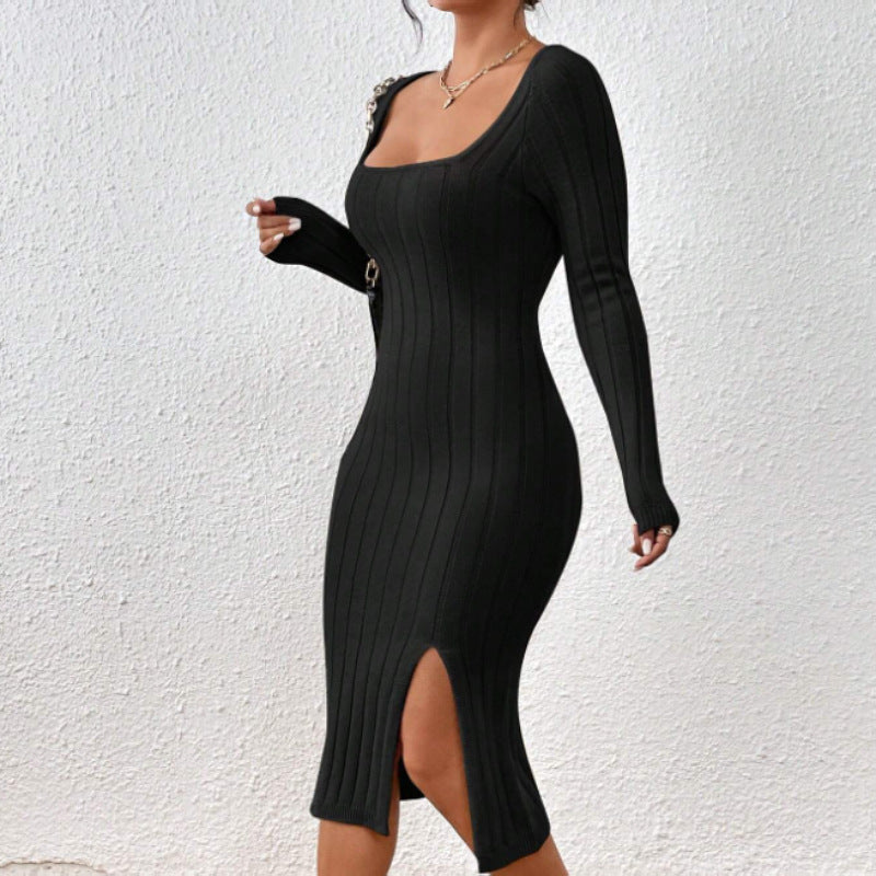 Robe midi en maille à encolure carrée – Robe élégante géométrique à manches longues
