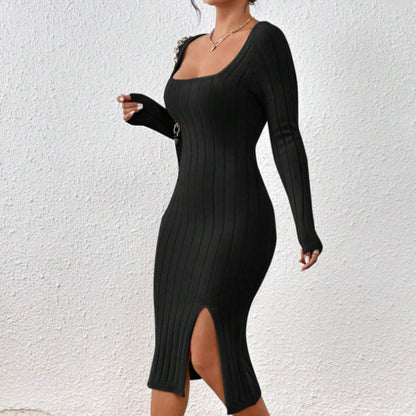 Robe midi en maille à encolure carrée – Robe élégante géométrique à manches longues