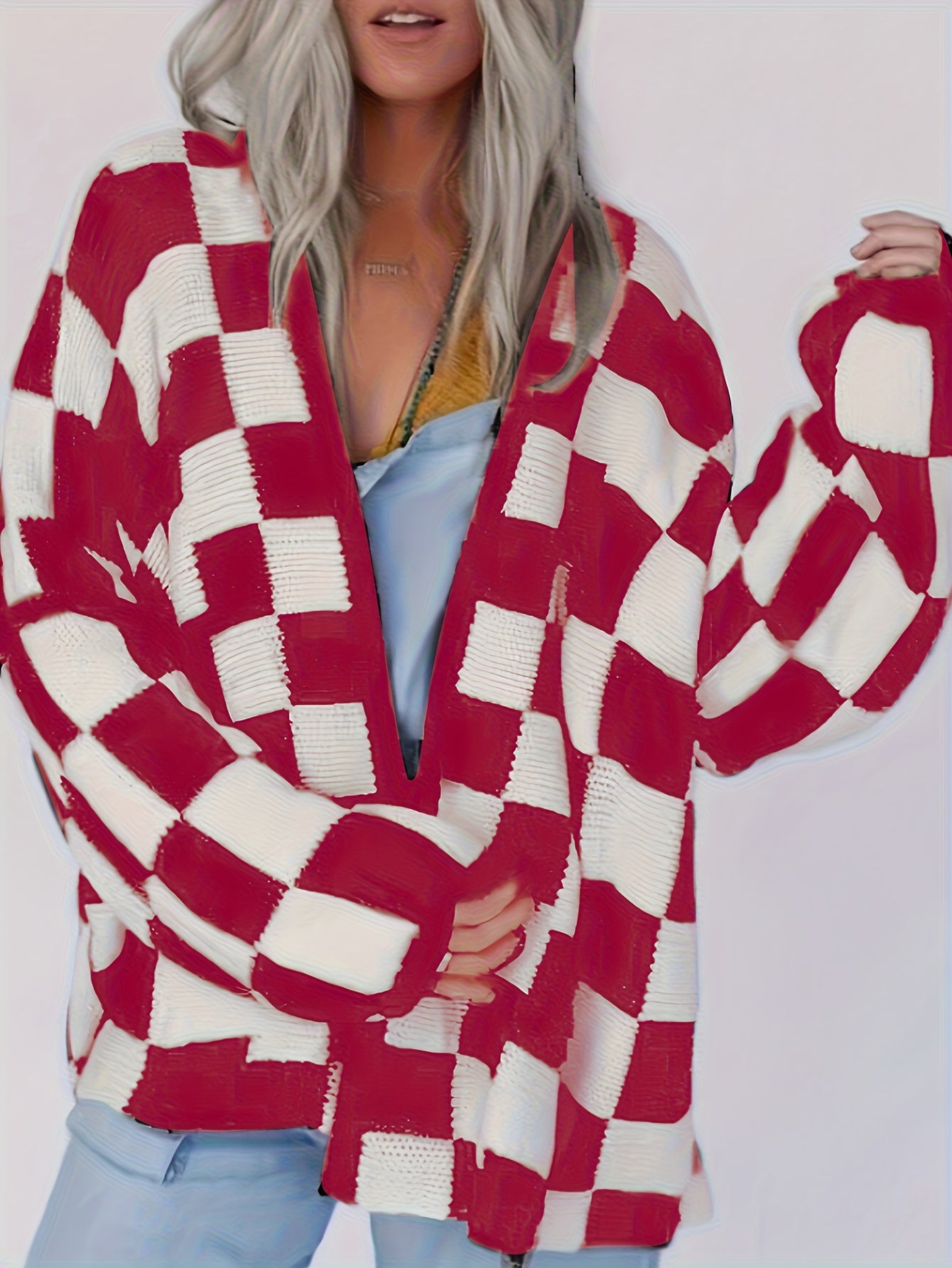 Red & White Gingham Cardigan – Women’s Cozy Fall/Winter Knit Sweater
