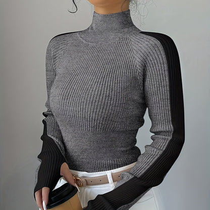 Suéter de cuello alto color block para mujer - Blusa elegante de punto suave
