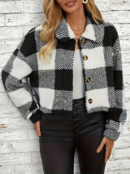 Women’s Plaid Teddy Coat – Warm Button-Up Long Sleeve Winter Outerwear