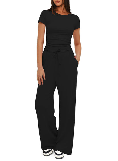 Loom & Soul™ 2-Piece Solid Color Yoga Set – Women’s Short-Sleeve Top & High-Waist Wide-Leg Pants