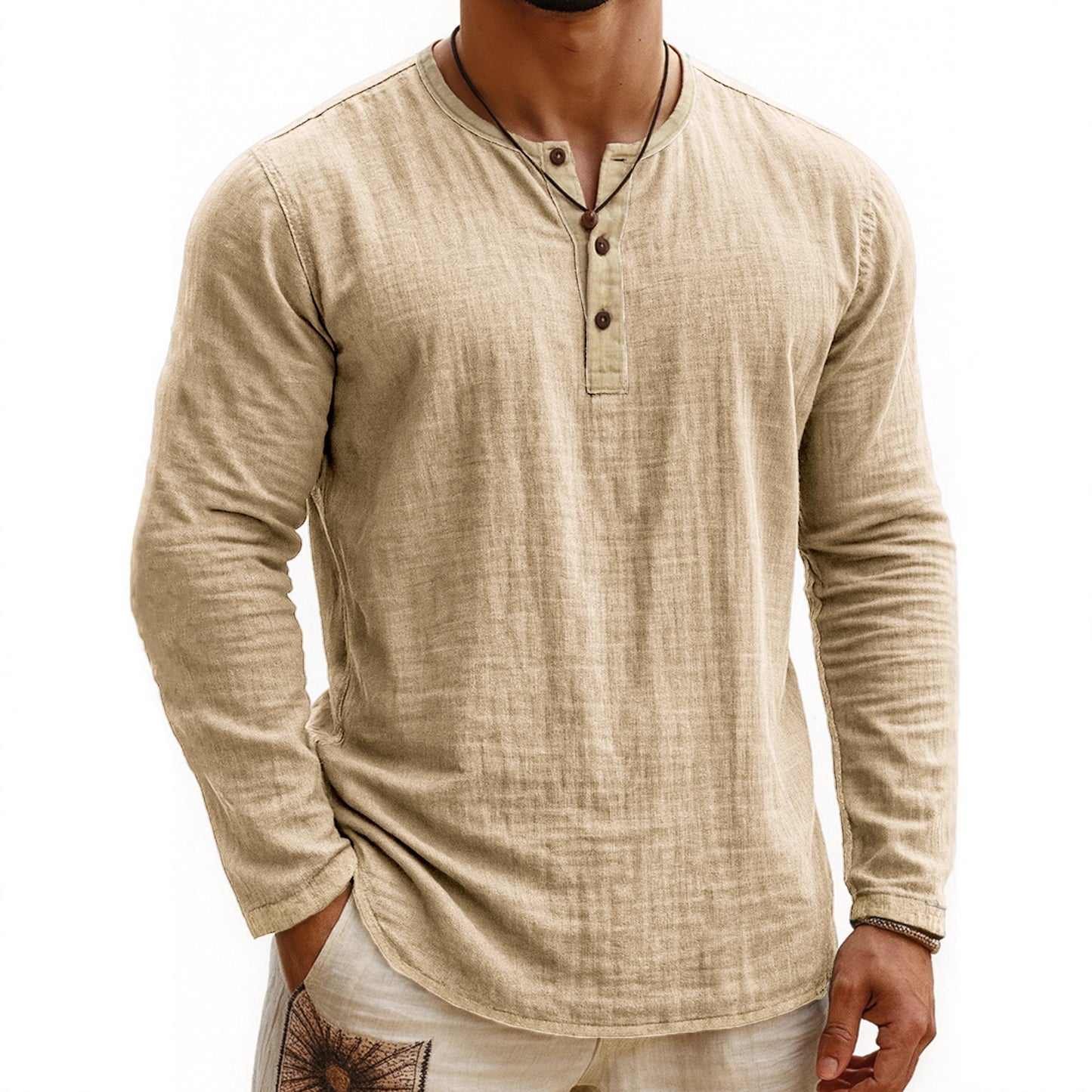 Camiseta Henley de manga larga con estampado digital bicolor para hombre – Corte ajustado de 3 botones