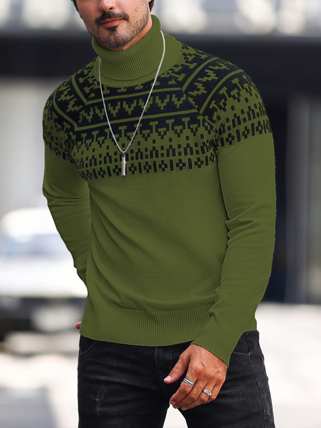 Suéter de cuello alto geométrico para hombre - Suéter informal de punto para otoño e invierno