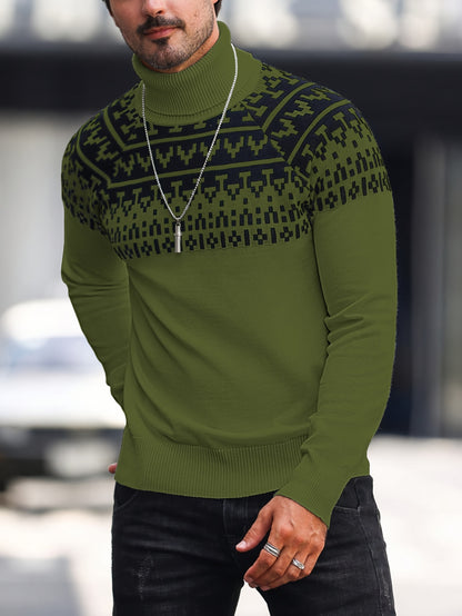 Suéter de cuello alto geométrico para hombre - Suéter informal de punto para otoño e invierno