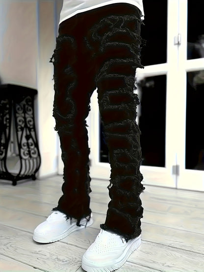 Men's Distressed Slim-Fit Jeans – Layered Rips & Patchwork Street Denim