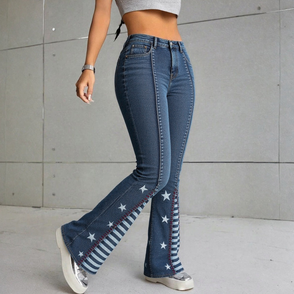 Jeans acampanados de tiro alto para mujer con diseño de estrella – Campana que realza las curvas