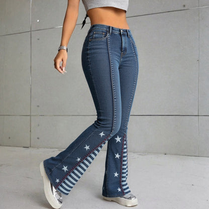Jeans acampanados de tiro alto para mujer con diseño de estrella – Campana que realza las curvas