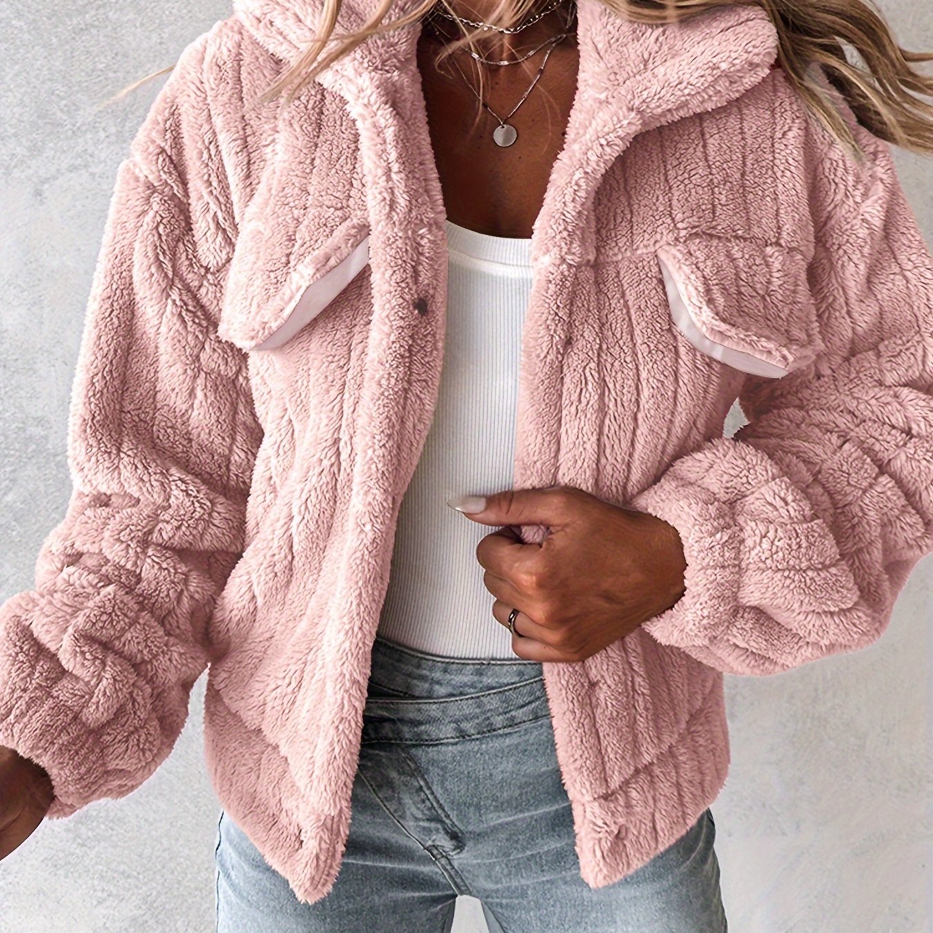 Women’s Soft Pink Plush Jacket – Button-Up Winter Coat with Lapel Collar