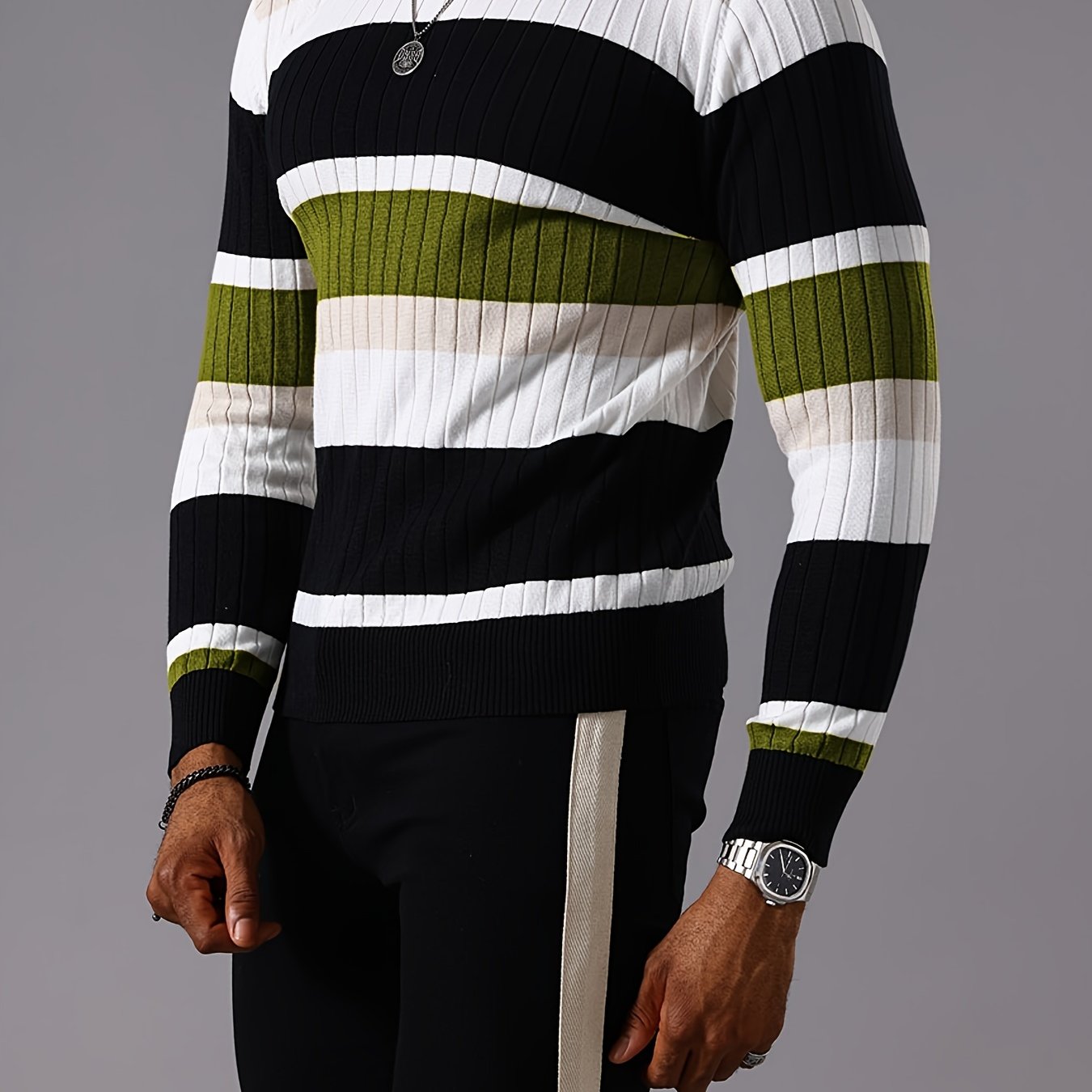 Men’s Striped Ribbed Knit Sweater – Color-Block Fall Winter Pullover