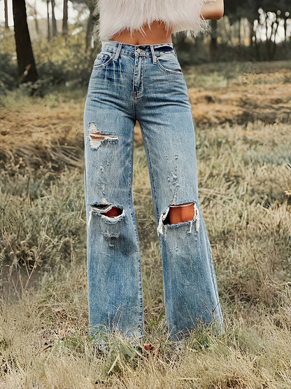 Ripped High Waist Straight Jeans – Street Fit Stretch Denim