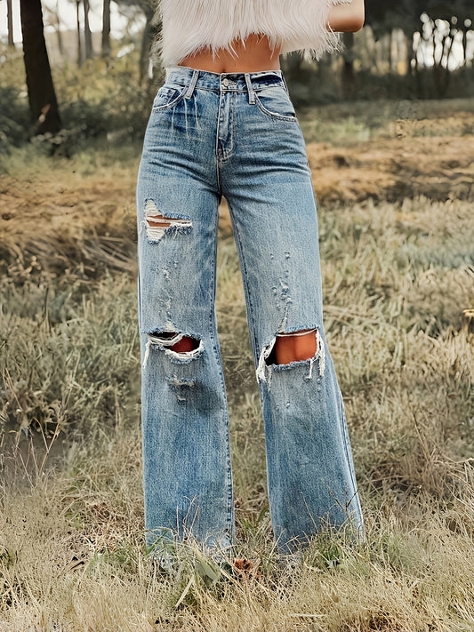 Jeans rectos rotos de tiro alto – Denim elástico de corte urbano