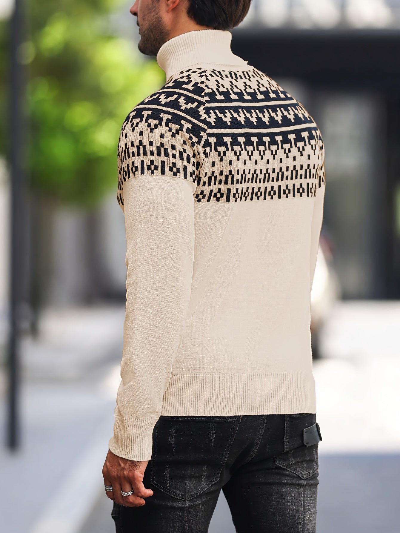 Suéter de cuello alto geométrico para hombre - Suéter informal de punto para otoño e invierno