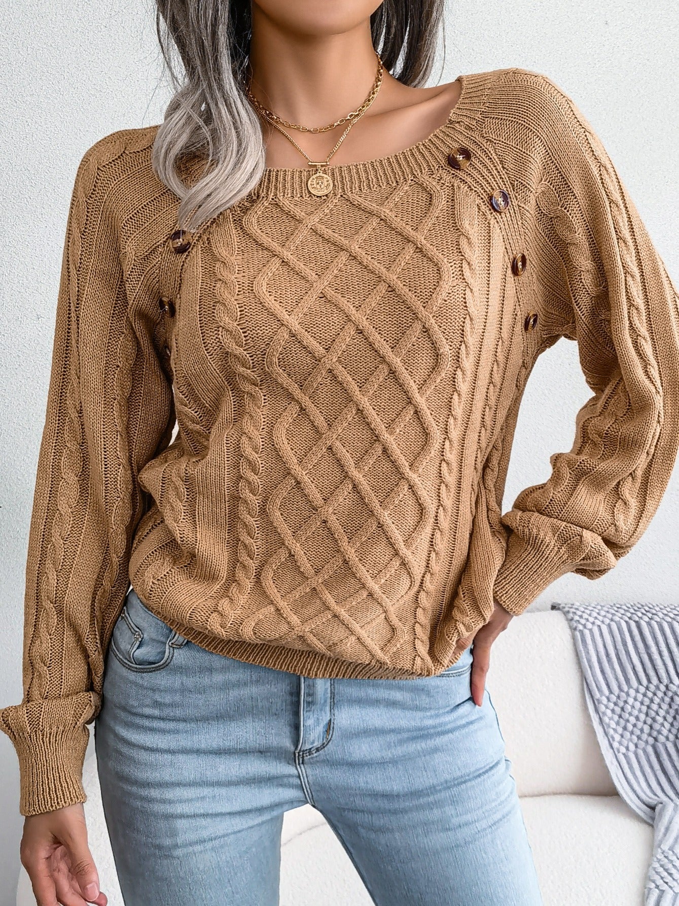 Women’s Textured Lantern Sleeve Sweater – Button Detail Knit Top