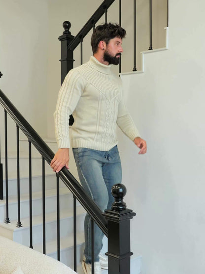 Suéter de cuello alto trenzado vintage para hombre – Jersey de punto clásico